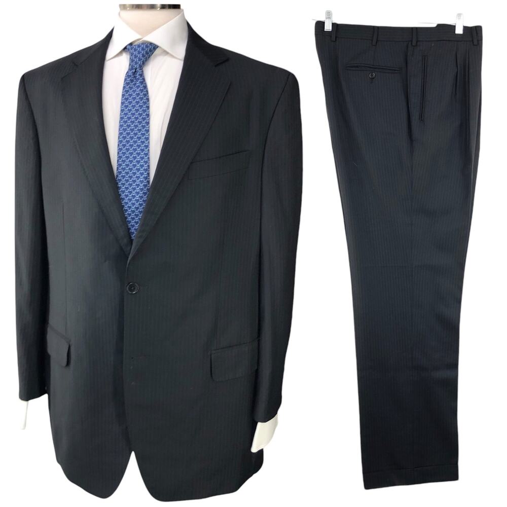 Lubiam LBM 1911 Mens Size 44L Suit Drop 5 Black Pinstripe Reda Wool *TINY FLAW